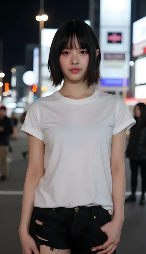 full body shot with mahiru、Long portrait、Hanni from NewJeans、Woman standing directly in front of the camera、((with a smile:1.5))、((Disheveled short bob hairstyle:1.5))、Women wear white oversized plain t-shirts、I'm wearing distressed black shorts、full body ...