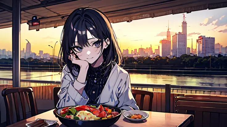 a cinematic mid-shot of a stylish young woman sitting alone at a small round table on a rainy urban balcony at dusk. A half-eaten convenience store dinner sits in front of her—potato salad, cheap wine, and chopsticks. She gazes into the distance with a fai...