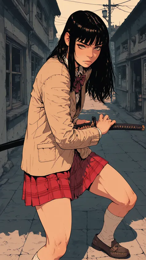 HDR, 8K, masterpiece, best quality, amazing quality, very aesthetic, realistic, newest, volumetric lighting, (flat colors:0.7), (artist:incase:0.3), mtskyamd, 1girl, skirt, solo, school uniform, shoes, long hair,black hair, masterpiece, best quality, amazi...