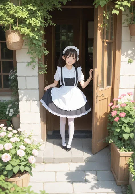 (1人のかわいいyounger日本人の女の子), Maid, Watering flowers outside the mansion, black lace stockings, Looking at Viewers,(smile:0.88), (younger:1.17),(skinny:0.76),(big boobs:0.37),The girl is leaning forward and taking care of the flowers,from above