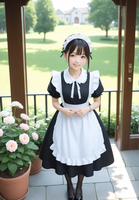 (1人のかわいいyounger日本人の女の子), Maid, Watering flowers outside the mansion, black lace stockings, Looking at Viewers,(smile:0.88), (younger:1.17),(skinny:0.76),(big boobs:0.37),The girl is leaning forward and taking care of the flowers,from above