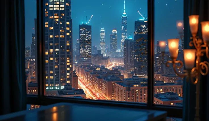 Scenery seen from the window,Window side where you can see the night view、high quality realistic 3d rendering,precise texture,Sparkling night view,Deep Color,sophisticated composition,Charming Atmosphere,Delicate Details,Exquisite Bokeh ,Masterpiece
