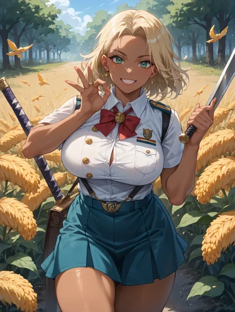 1 tanned JK gal swordsman, sexy uniform, big breasts, shoulder out, short skirt, Gesture of tapping on the shoulder with a sword, provocative expression, skin with a contrast between white and wheat, is cool&sexy vibe that emphasizes the toes, Yankee style...