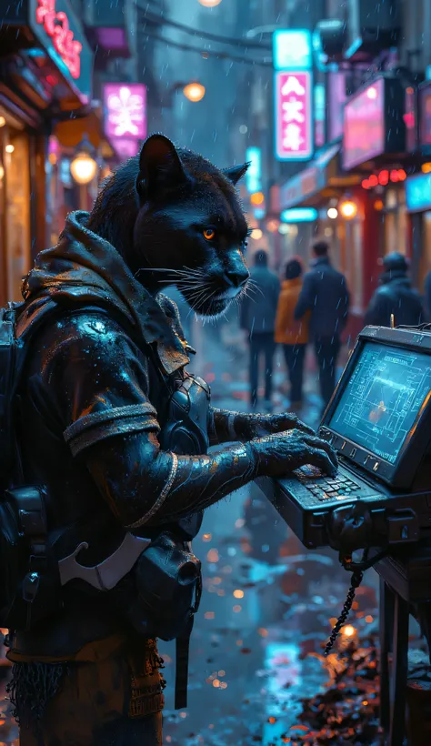 Cyberpunk black panther wearing a holographic visor, typing on a floating neon terminal in a dark alley, glowing tattoos, rain falling, reflections on the wet pavement, futuristic city lights in background