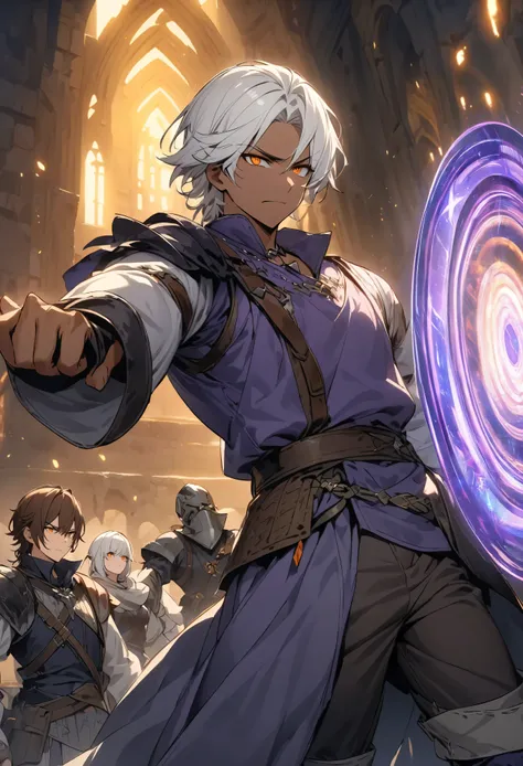 Medieval male prince with short white hair, dark skin, Orange Eyes)), To the right of a large luminous portal of purple color, with electromagnetic lights, magical light effects of dimensional portals, along with ((another medieval male prince with brown...