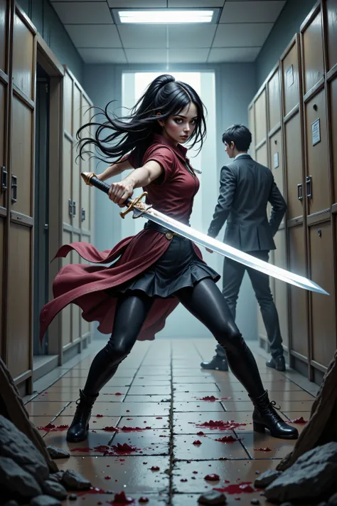 zavy-ctcmcs,w1n,hyp3rd3tail style,3DMM,aidmaMJ6.1, amazing quality, masterpiece, masterpiece, best quality, amazing quality, hyper-detailed a picture of a high school student, in a sword fight at school, blood on the floor, armed with a slim sword, shin...