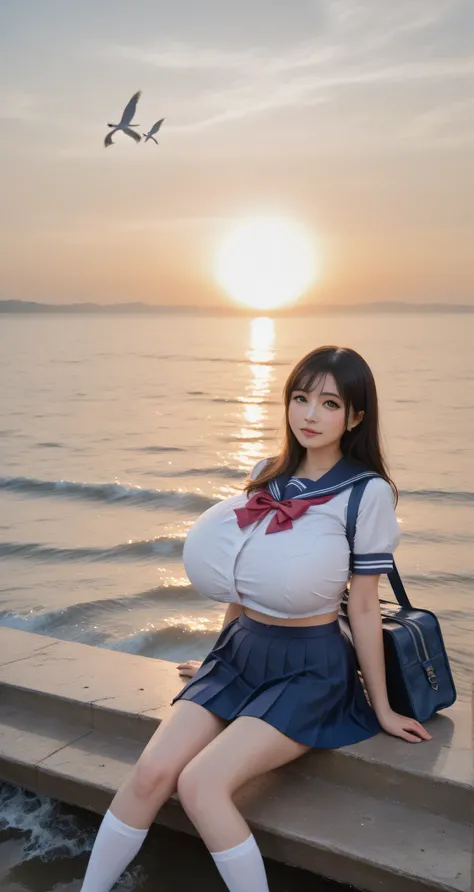 top quality, Realistic, 8K quality, A Japanese high school girl in uniform is sitting on the breakwater, sailor suit, navy blue skirt, Fluttering Black Hair , long hair, Side Face Illuminated by the Sunset, Concrete on the Breakwater,  calm sea, Horizon at...