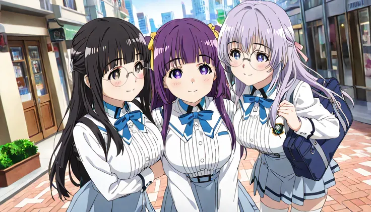 ((ultra-detailed)), (highly detailed CG illustration), (best quality:1.2), ultra-highly detailed, colorful composition, artistic photoshoot, 3girls, trio focus, Yuri:1.3, side by side, shoulder-to-shoulder:1.4, side-by-side, moe anime character, dainty fac...