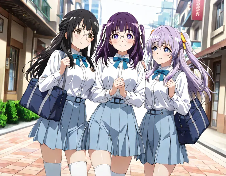 ((ultra-detailed)), (highly detailed CG illustration), (best quality:1.2), ultra-highly detailed, colorful composition, artistic photoshoot, 3girls, trio focus, Yuri:1.3, side by side, shoulder-to-shoulder:1.4, side-by-side, moe anime character, dainty fac...