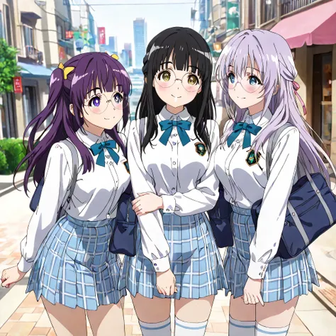 ((ultra-detailed)), (highly detailed CG illustration), (best quality:1.2), ultra-highly detailed, colorful composition, artistic photoshoot, 3girls, trio focus, Yuri:1.3, side by side, shoulder-to-shoulder:1.4, side-by-side, moe anime character, dainty fac...