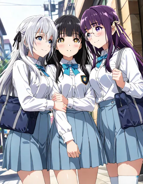 ((ultra-detailed)), (highly detailed CG illustration), (best quality:1.2), ultra-highly detailed, colorful composition, artistic photoshoot, 3girls, trio focus, Yuri:1.3, side by side, shoulder-to-shoulder:1.4, side-by-side, moe anime character, dainty fac...