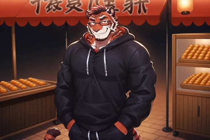solo, 1 character, red fur, (tiger), (black-rimmed glasses:1.3), red eyes, casual hoodie, standing in a night market, hands in pockets, mischievous smirk, confident posture, slight backlight, shallow depth of field, food stall