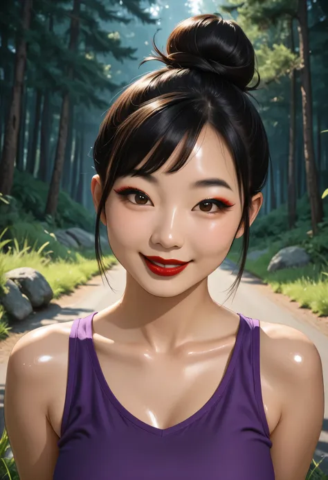 1girl, perfect face, black hair bun, hair up, black round eyebrows, black eyeliners, big brown eyes, nose, thick red lipstick, smile, beautiful girl, v-neck, purple tank top, ((female asian, face asian)), forest road, grass, ((shiny skin))