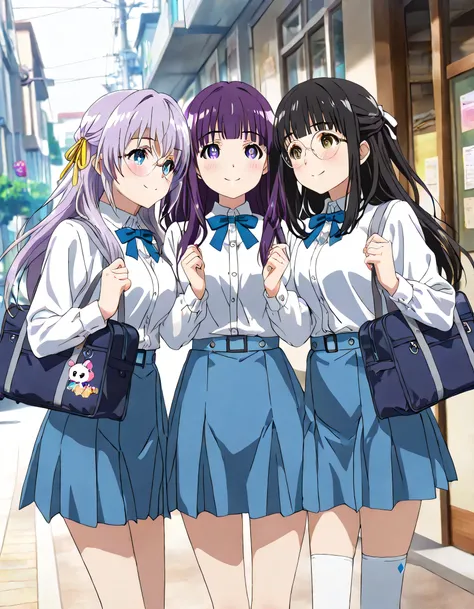 ((ultra-detailed)), (highly detailed CG illustration), (best quality:1.2), ultra-highly detailed, colorful composition, artistic photoshoot, 3girls, trio focus, Yuri:1.3, side by side, shoulder-to-shoulder:1.4, side-by-side, moe anime character, dainty fac...