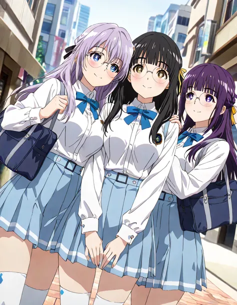 ((ultra-detailed)), (highly detailed CG illustration), (best quality:1.2), ultra-highly detailed, colorful composition, artistic photoshoot, 3girls, trio focus, Yuri:1.3, side by side, shoulder-to-shoulder:1.4, side-by-side, moe anime character, dainty fac...