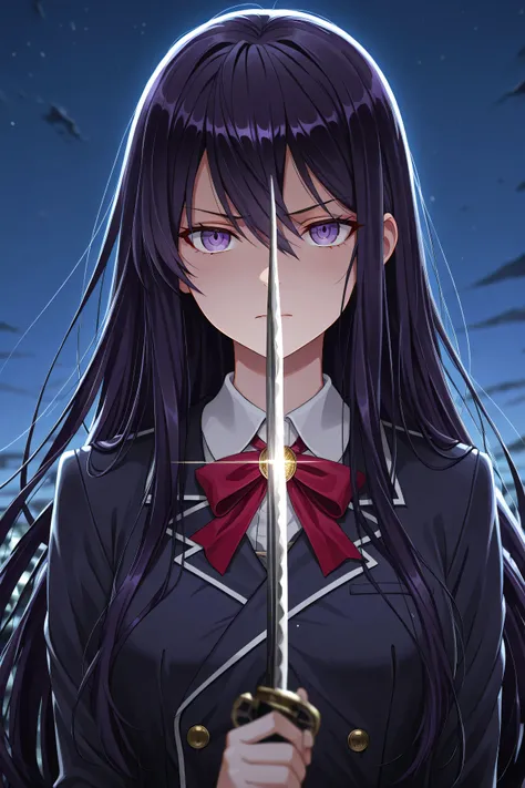 Yuri from Doki Doki, a fierce and elegant Japanese schoolgirl, stands outside her school at twilight, gripping her katana with unwavering determination. Her long black hair dances in the wind, her school uniform slightly tattered and stained from past batt...