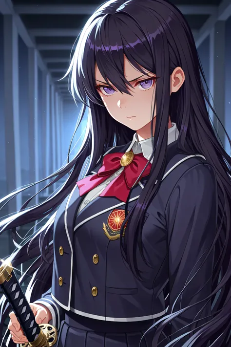 Yuri from Doki Doki, a fierce and elegant Japanese schoolgirl, stands outside her school at twilight, gripping her katana with unwavering determination. Her long black hair dances in the wind, her school uniform slightly tattered and stained from past batt...
