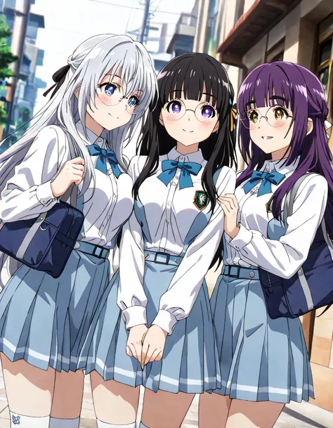 ((ultra-detailed)), (highly detailed CG illustration), (best quality:1.2), ultra-highly detailed, colorful composition, artistic photoshoot, 3girls, trio focus, Yuri:1.3, side by side, shoulder-to-shoulder:1.4, side-by-side, moe anime character, dainty fac...