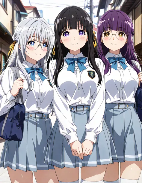 ((ultra-detailed)), (highly detailed CG illustration), (best quality:1.2), ultra-highly detailed, colorful composition, artistic photoshoot, 3girls, trio focus, Yuri:1.3, side by side, shoulder-to-shoulder:1.4, side-by-side, moe anime character, dainty fac...