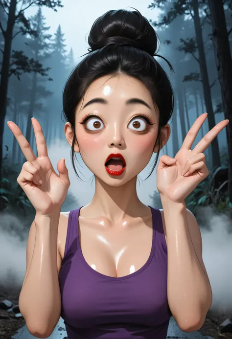 1girl, perfect face, black hair bun, hair up, black round eyebrows, black eyeliners, big brown eyes, nose, thick red lipstick, (shocked, big eyes, blushing, open mouth), beautiful girl, v-neck, purple tank top, ((female asian, face asian)), death forest ro...
