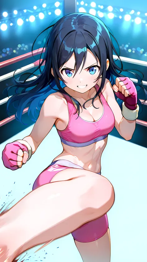 ayase aragaki, long hair, blue eyes, black hair, solo, pink and white sports bra, pink and white boy leg cut spats, pink fingerless gloves, cleavage, medium breast, (slim body:1.2), well-toned body, serious grin, Detailed eyes, Detailed face, from above,
(...