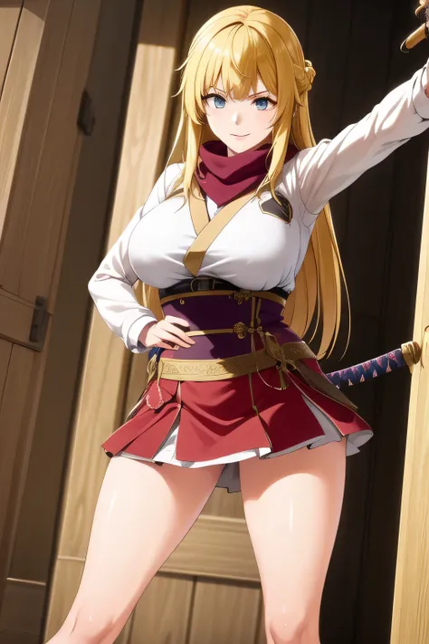 Blond wavy long-haired woman， Smile Yang   ，Draw the details of a high school uniform?、If possible，，when wearing a high school uniform、Can you accurately draw the details of a Japanese sword with a long blade {X} Can you accurately draw the details of a Ja...