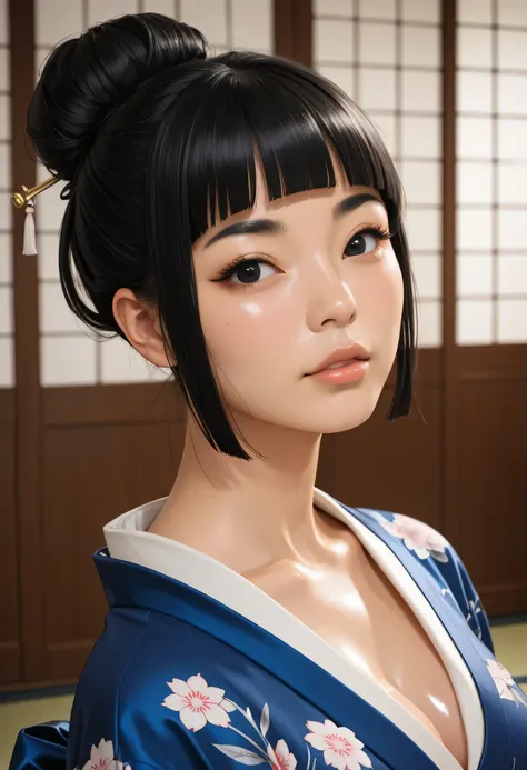 perfect face, female asian, face asian, black hair, (hair bun, hair up), (hime cut hair), black normal eyebrows, black eyes, nose, lips, japanese kimono, looking at viewer, breasts, beautiful asian, ((shiny skin))
