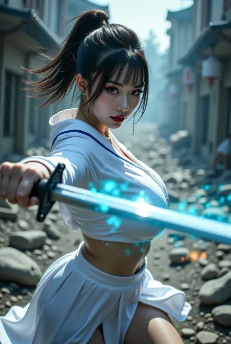Photo realistic, masterpiece.
White sailor uniform and white pleated skirt.
Background is a destroyed city.
Luminous samurai sword. Exorcising evil spirits. Reflection of light after.
Sorcery effects, magic effects, motion effect.
She is swinging a samurai...