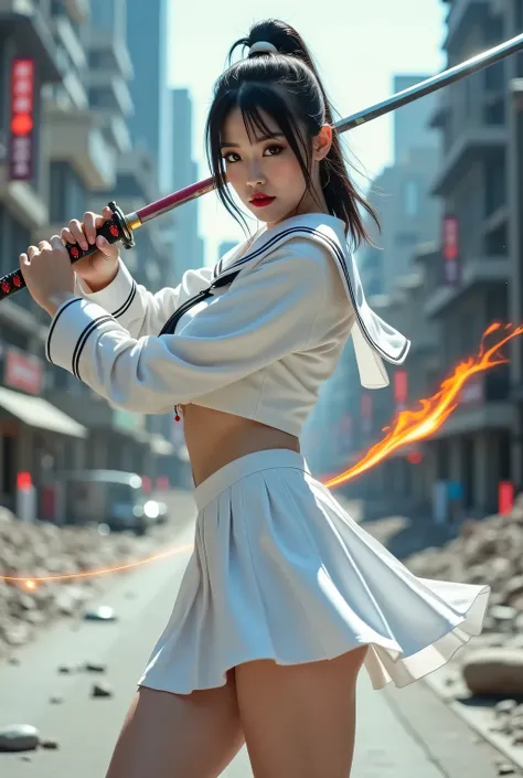 Sailor uniform and white pleated skirt.
Background is a destroyed city.
Luminous samurai sword. Exorcising evil spirits. Reflection of light after.
Sorcery effects, magic effects, motion effect.
She is swinging a samurai sword, movement effect.
Super beaut...