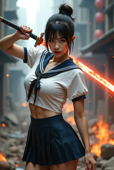Sailor uniform and pleated skirt.
Background is a destroyed city.
Luminous samurai sword. Exorcising evil spirits. Reflection of light after.
Sorcery effects, magic effects, motion effect.
She is swinging a samurai sword, movement effect.
Super beautiful J...