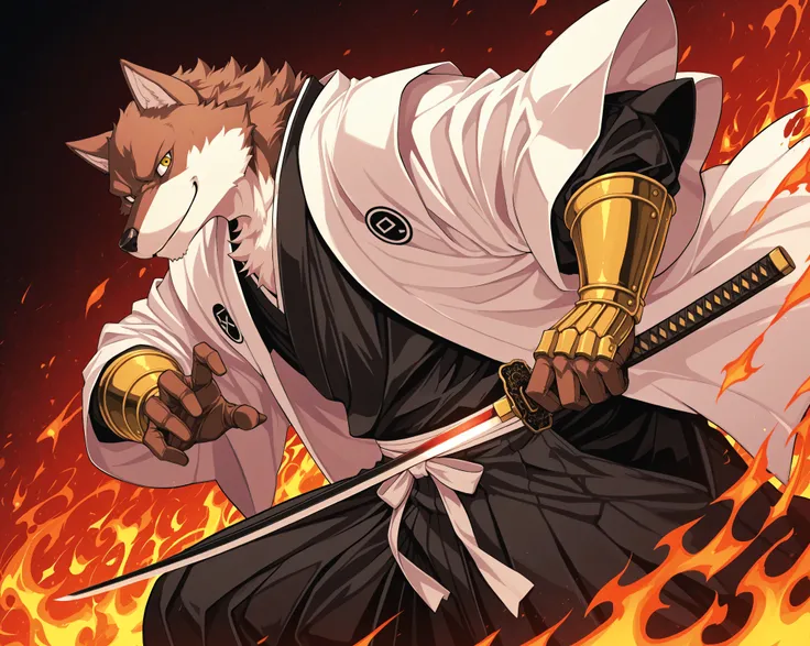 core_9, score_8_up, score_7_up, score_6_up, score_5_up, masterpiece,  furry, 
solo, male, wolf, Sajin Komamura,, 5 fingers, shinigami, shinigamim captain, black Kimono, hakama, white haori, golden bracers, elegant gloves, japanese Medieval  Kioto city,  Me...