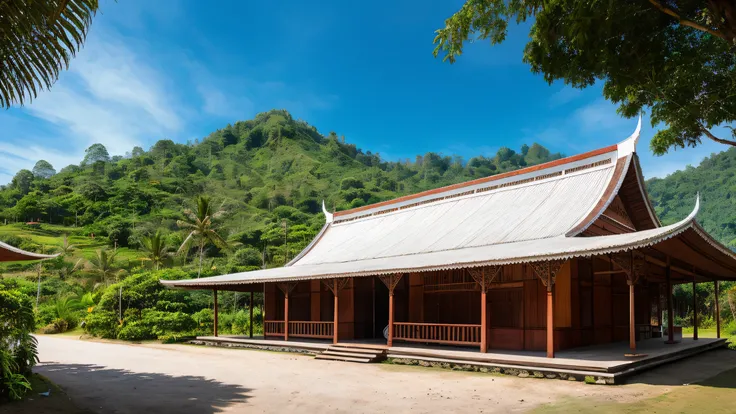 Traditional Minangkabau Rumah Gadang house in West Sumatra, Indonesia, photographed in daylight with blue sky and surrounding tropical landscape, focus on the dramatic curved roof with horn-like shapes, cultural heritage architecture, clean composition, no...
