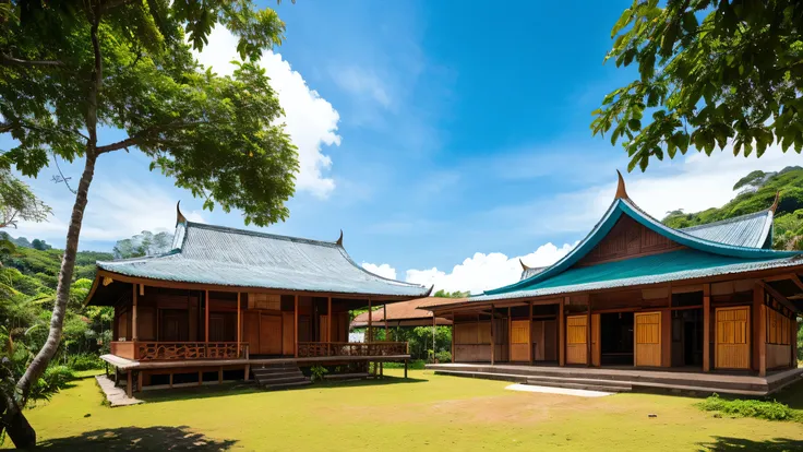 Traditional Minangkabau Rumah Gadang house in West Sumatra, Indonesia, photographed in daylight with blue sky and surrounding tropical landscape, focus on the dramatic curved roof with horn-like shapes, cultural heritage architecture, clean composition, no...