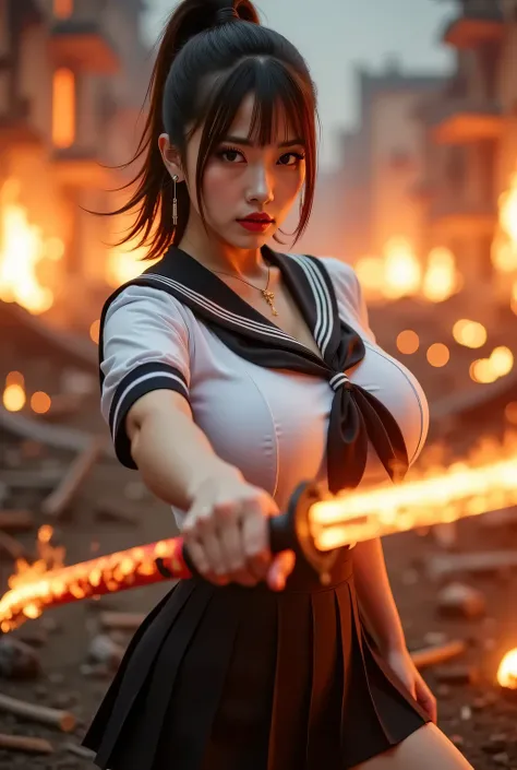 Sailor uniform and pleated skirt.
Background is a destroyed city. Burnt city.
Luminous samurai sword. Exorcising evil spirits. Reflection of light after.
Sorcery effects, magic effects, motion effect.
She is swinging a samurai sword, movement effect.
Super...