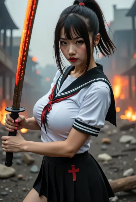 Sailor uniform and pleated skirt.
Background is a destroyed city. Burnt city.
Luminous samurai sword. Exorcising evil spirits. Reflection of light after.
Sorcery effects, magic effects, motion effect.
She is swinging a samurai sword, movement effect.
Super...