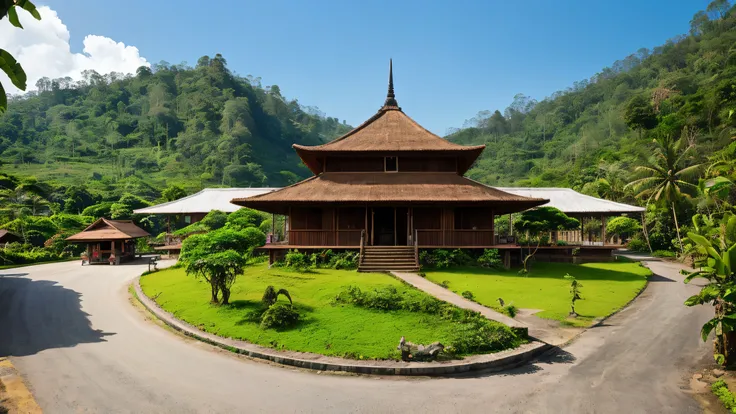 Traditional Minangkabau Rumah Gadang house in West Sumatra, Indonesia, in daylight with blue sky and surrounding tropical landscape, focus on the dramatic curved roof with horn-like shapes, cultural heritage architecture, clean composition, no people, no t...
