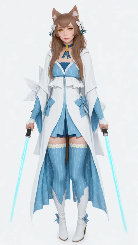1girl,  jedi robes, white robes, two lightsabres, two blue raised lightsabres, Felix Argyle ,flxrgl, cat tail, otoko no ko, long hair, brown hair,  white bow, animal ears, yellow eyes, thick eyebrows, white bandaged hands, white high heel  boots, standing ...