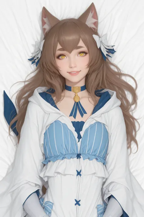 1girl,  jedi robes, white robes, two lightsabres, two blue raised lightsabres, Felix Argyle ,flxrgl, cat tail, otoko no ko, long hair, brown hair,  white bow, animal ears, yellow eyes, thick eyebrows, white bandaged hands, face only, high quality facial fe...