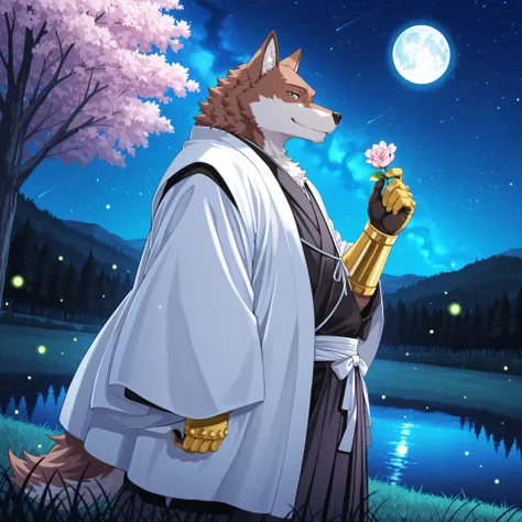core_9, score_8_up, score_7_up, score_6_up, score_5_up, masterpiece,  furry, 
solo, male, wolf, Sajin Komamura,, 5 fingers, shinigami, black Kimono, hakama, white haori, golden bracers, elegant gloves, soft smile, japan hill, wildness, hill covered in gras...