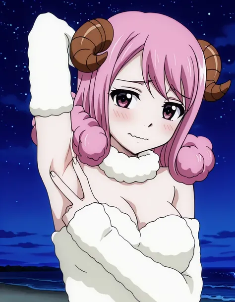 Aries, pink eyes, pink hair, medium hair, hair curls, horns, white fur collar,  bare shoulders, detached sleeves, fur sleeves, high quality, solo, night sky, beach, spread armpit, armpits, armpit focus, v, anime screencap, (contrapposto), closed mouth, shy...