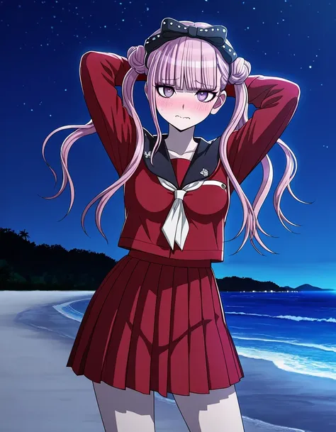 kako, pink hair, twintails with double bun style, purple eyes, blunt bangs, hair bow, red serafuku uniform, black sailor collar, red pleated skirt, anime screencap, high quality, solo, night sky, beach, arms behind head, (contrapposto), closed mouth, shy, ...