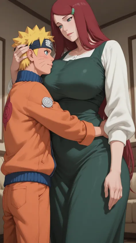 (2people)，close up， thick hair ，clear facial features，Japanese anime style，high quality，Master's Work，masterpiece，Extreme Light and Shadow，Exquisite rendering，Super Fine Details，Top CG ，16K HD quality
1 girl，((Uzumaki Kushina))，red hair，long hair，green dre...