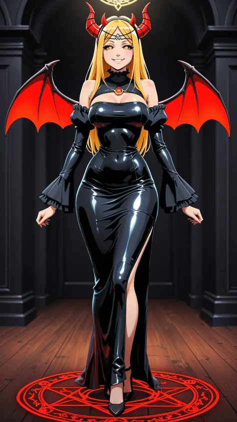 Renner. long golden blonde hair, eyes with white sclera, black iris and red pupils, headband with red horns. Black latex tube dress. Fitted with long flared sleeves, bare shoulders, big breast. narrow waist, wide hips . wide thighs. black high heels. Stand...