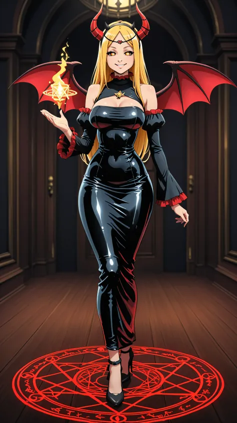 Renner. long golden blonde hair, eyes with white sclera, black iris and red pupils, headband with red horns. Black latex tube dress. Fitted with long flared sleeves, bare shoulders, big breast. narrow waist, wide hips . wide thighs. black high heels. Stand...