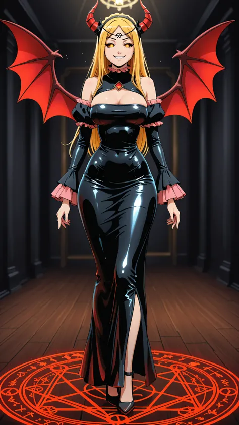 Renner. long golden blonde hair, eyes with white sclera, black iris and red pupils, headband with red horns. Black latex tube dress. Fitted with long flared sleeves, bare shoulders, big breast. narrow waist, wide hips . wide thighs. black high heels. Stand...