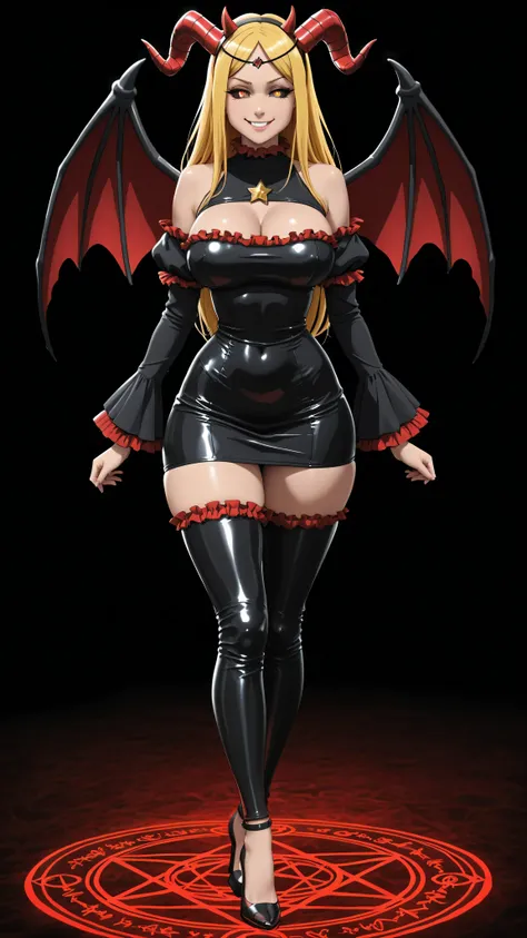 Renner. long golden blonde hair, eyes with white sclera, black iris and red pupils, headband with red horns. Black latex tube dress. Fitted with long flared sleeves, bare shoulders, big breast. narrow waist, wide hips . wide thighs. black high heels. Stand...