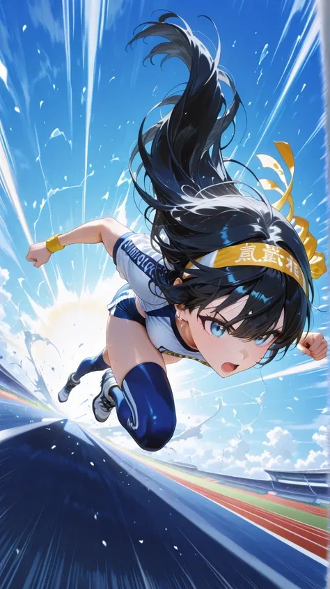 long black hair、 yellow Hachimaki、 short tops、 blue bloomer 、 blue thigh high socks、 sports boots、 speedline,Action Pose , dynamic angle , close-up , from above、 Run on track and field moon moonの光 Excessive production of light and wind