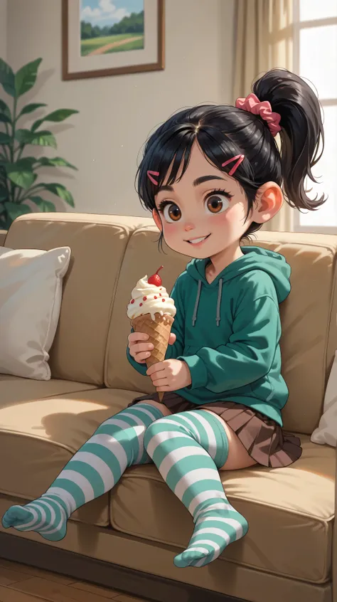 1 girl, VanellopevonS, 1girl, solo, black hair, hair ornament, hair scrunchie, green hoodie, hood down, brown skirt, striped thighhighs, (((no footwear))), small girl, cute, solo, sit on sofa, living room, sit, holding ice cream, close up, indoor