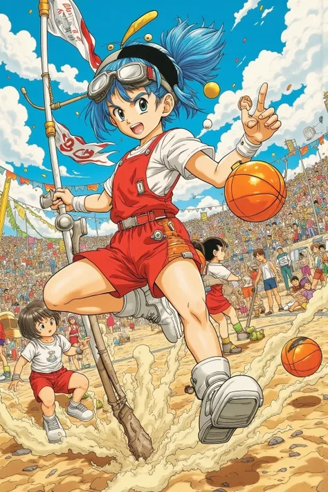 (masterpiece, creative concept), Toriyama Akira style, anime illustration, full wide-angle view of a chaotic and colorful “Tenkaichi Undokai” (Ultimate Sports Festival), energetic high school girls in red bloomers and white T-shirts participating in exagge...