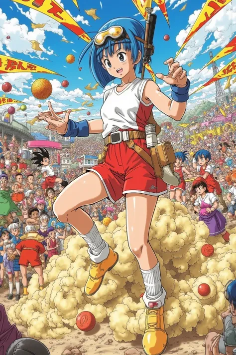 (masterpiece, creative concept), Toriyama Akira style, anime illustration, full wide-angle view of a chaotic and colorful “Tenkaichi Undokai” (Ultimate Sports Festival), energetic high school girls in red bloomers and white T-shirts participating in exagge...
